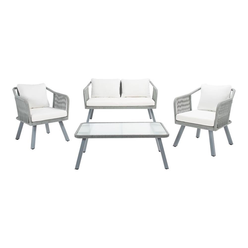 Safavieh Outdoor Collection Torsla Wicker Cushion 4-Piece Rope Patio Backyard Living Set PAT7520A, Grey/Beige