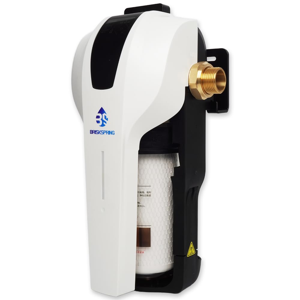 BriskSpring Whole House Water Filter System, MEGA Spin Down Sediment Filter, 1-10mircon PP Filter+Carbon Block Reduces Chlorine, Sediment&Odor, No-Shutoff Maintenance, 1" MNPT + 3/4" FNPT, White