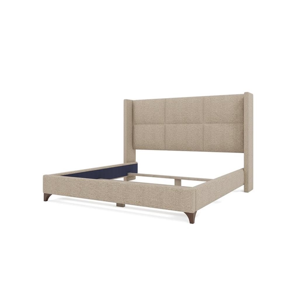 BOWERY HILL Modern Upholstered King Bed, Solid Wood Frame, Tan Performance Fabric, Square Panel Headboard, 57.5 in Tall, Adjustable Base Compatible, Box Spring Required, Elegant Bedroom Furniture
