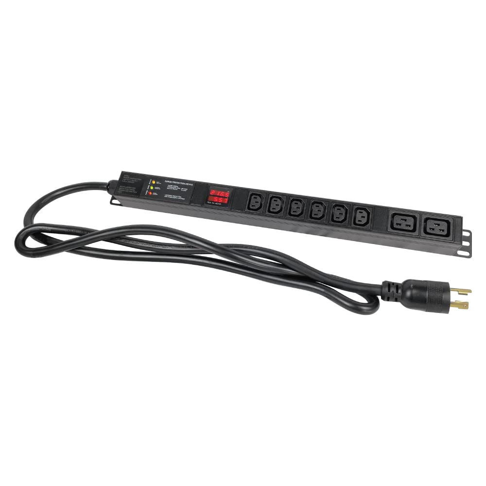 Metered-Surge Protection Power Distribution Unit, 240V, L6-30P Plug, 30A, 7200watts, (6) C13 & (2) C19 Outlets, Networking, Server Rack, Heavy Industry, Crypto Mining PDU