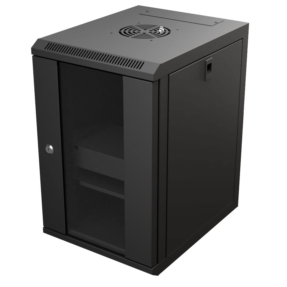 NavePoint 9U 10 Inch Network Server Cabinet, 15.75 inch Deep, Glass Door, Black, Wall Mountable, 2 x Shelves, 1 x Blank Panel