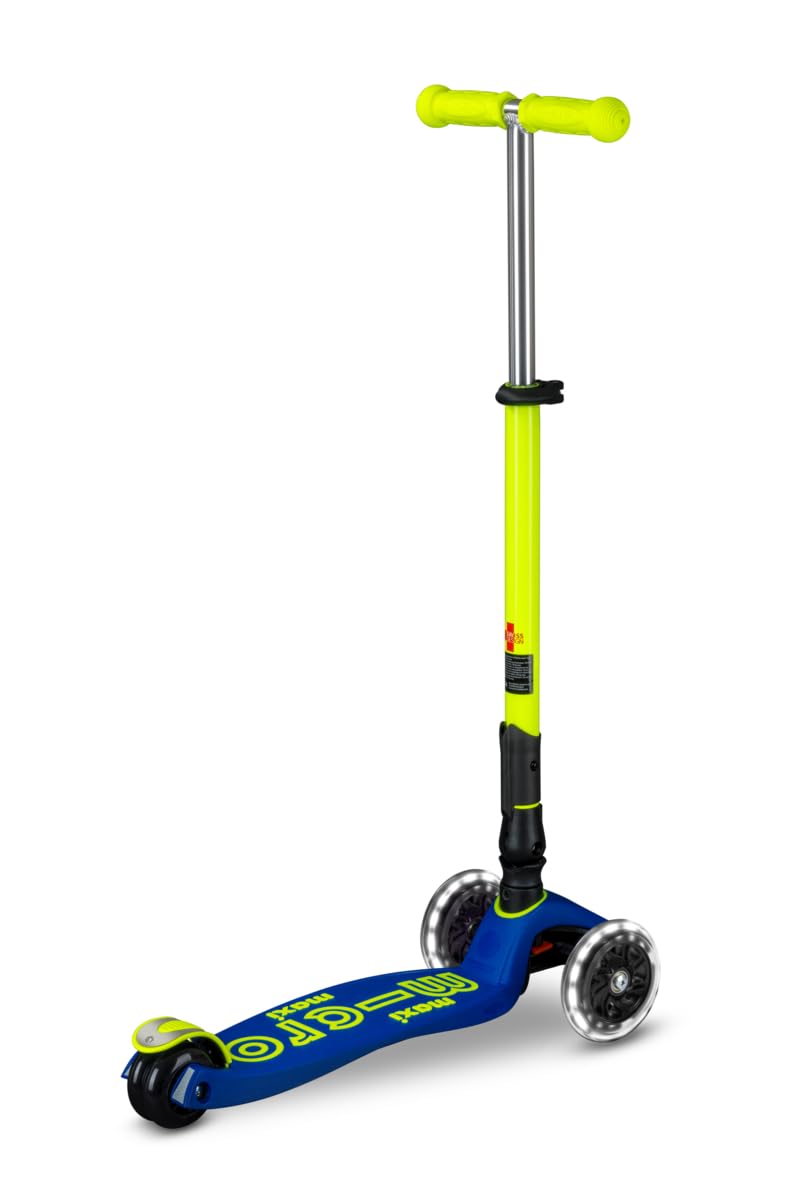 Micro Kickboard | Maxi Foldable LED Kids Scooter for Ages 5-12 | Children up to 110 lbs | 3 Wheel Lean-to-Steer Design | Adjustable T Bar | Smooth Ride, Motion Activated PU LED Wheels | Swiss Design