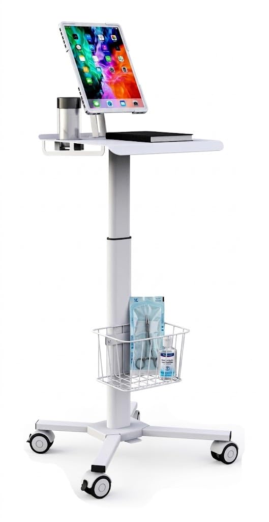 Mount Plus C01 Height Adjustable Mobile Medical Tablet Cart with Wheels and Tablet Enclosure Basket Storage | Medical Trolley for Hospital Clinic Beauty Salon | Pneumatic Mobile iPad Workstation