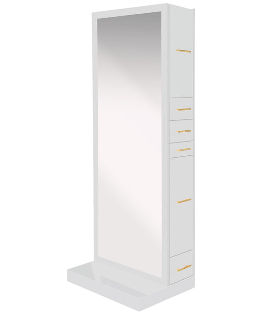Buy-Rite Modena Single-Sided Styling Station - Gloss White, Full-Length Mirror, Storage Cabinets, Drawers, Pull-Out Tool Tray, Electrical Ready, Space-Saving Salon Station for Professionals, NIN-MS-01