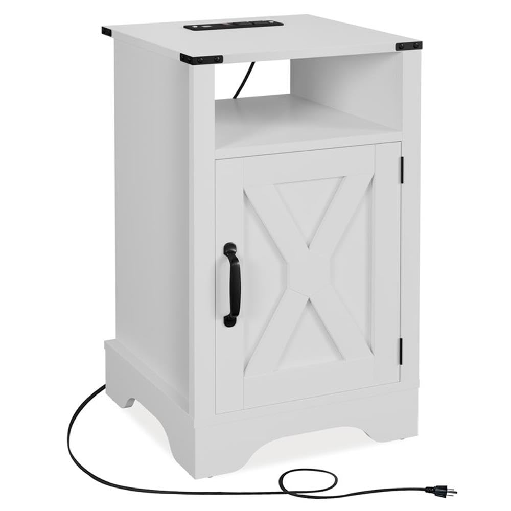 Pemberly Row Engineered Wood Nightstand Side End Tables, White Finish, Set of 2, 25.79 in H x 15.75 in W x 15.75 in D, Built-in Power Strip with USB Ports, Storage Cabinet and Open Shelf, Bedroom or