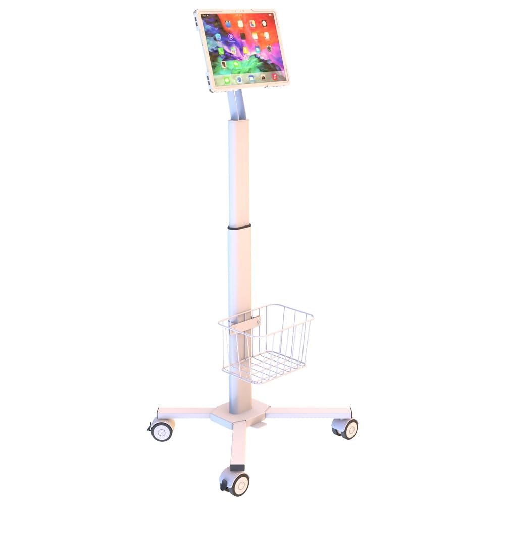 Mount Plus C01 Height Adjustable Mobile Medical Tablet Cart with Wheels and Tablet Enclosure Basket Storage | Medical Trolley for Hospital Clinic Beauty Salon | Pneumatic Mobile iPad Workstation