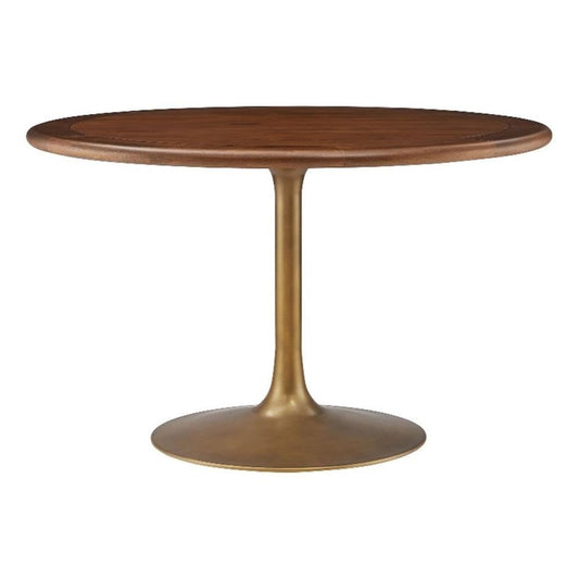 Modway Lippa 48 Inch Round Wood Dining Table with Metal Pedestal in Brass Walnut - Modern Industrial Dining Table for 4 People - Solid Wood Tulip Kitchen Table