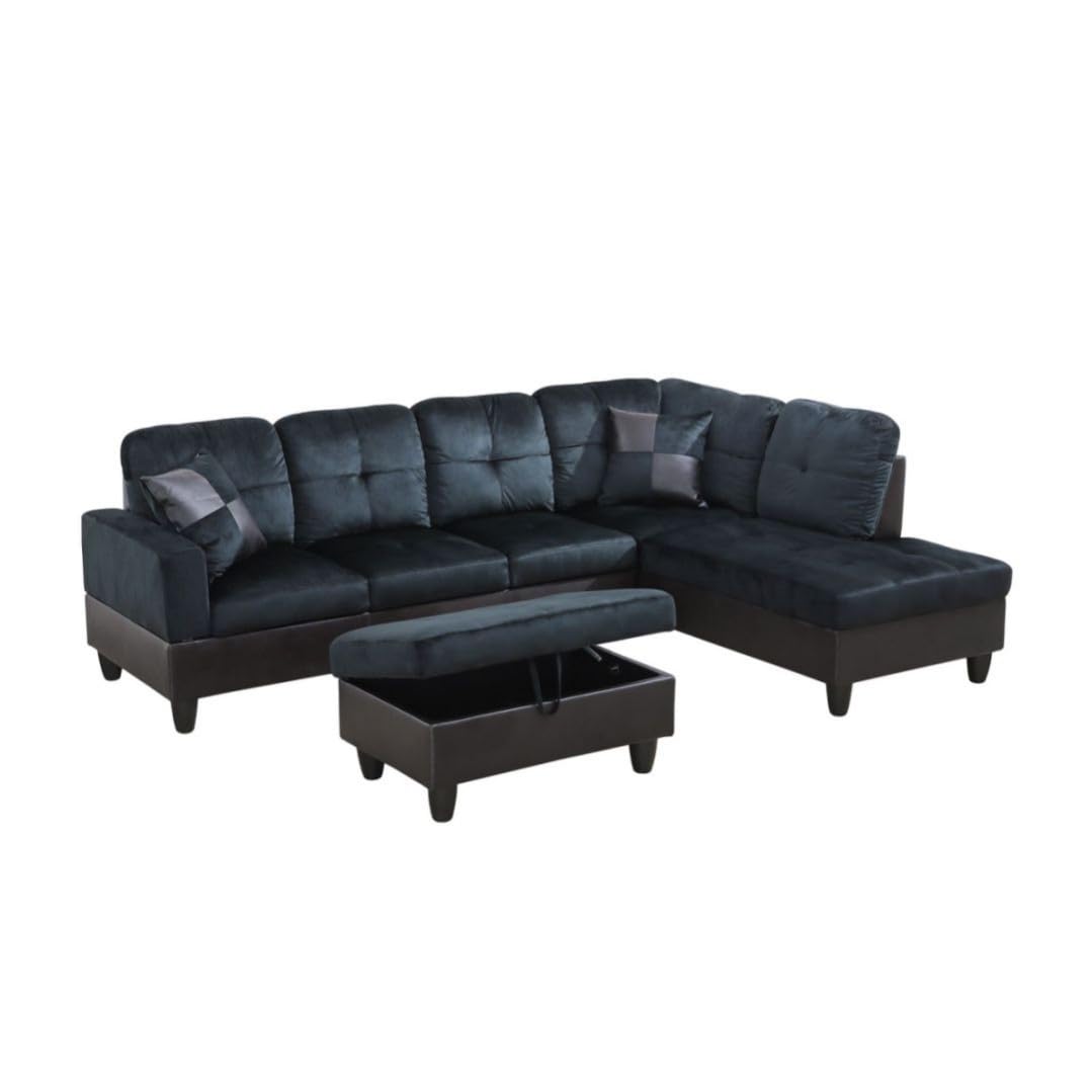 UOCFYK L-Shaped 3-Piece Lint and PVC Sofa with Storage Ottoman Set, Sectional Couch Sofa Set for Living Room, Office, Small Space, Dark Blue and Brown