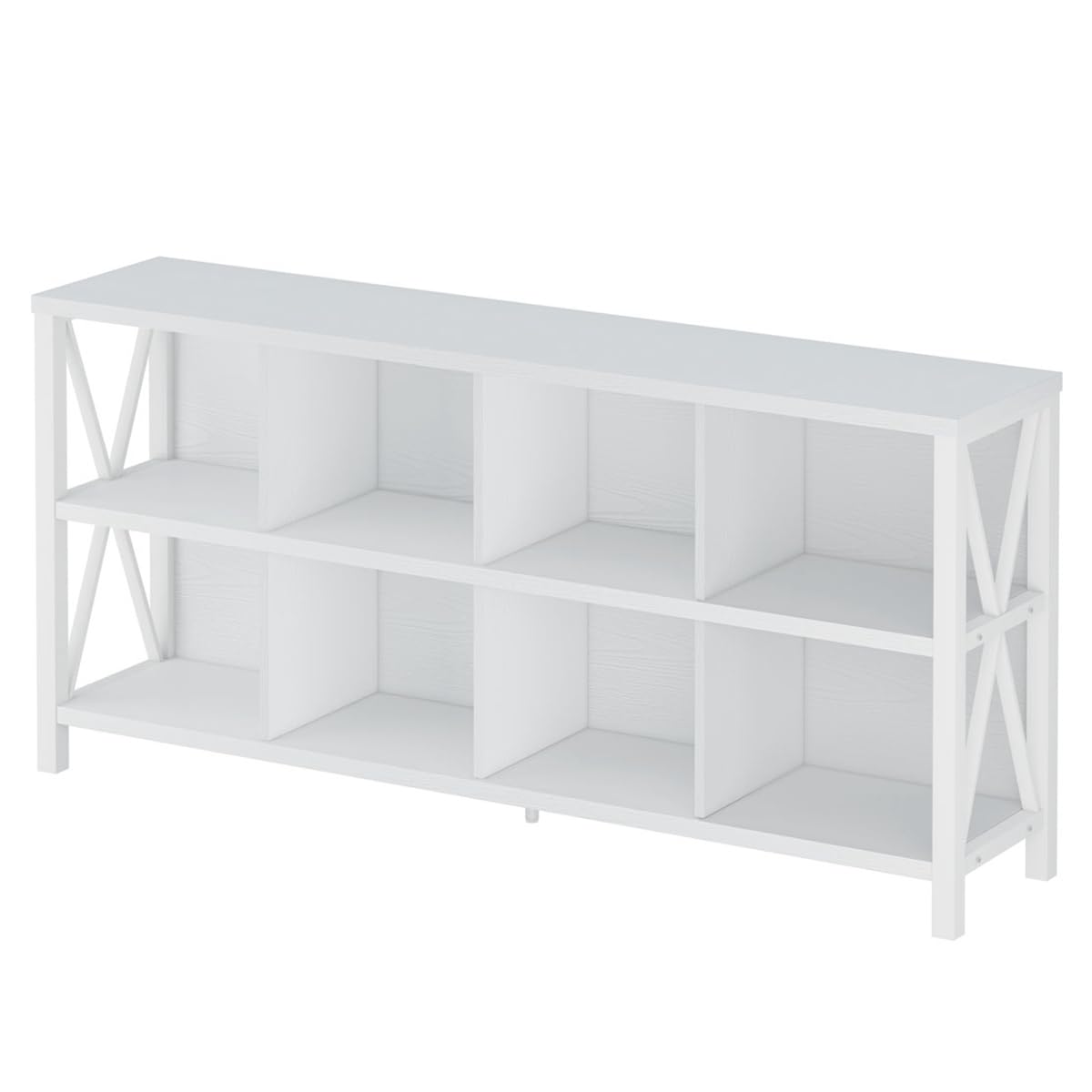 FATORRI 8 Cube Storage Organizer Bookshelf, 62 Inch Rustic Wood Horizontal Bookcase, Industrial Cube Long Book Shelf for Living Room (White Oak)