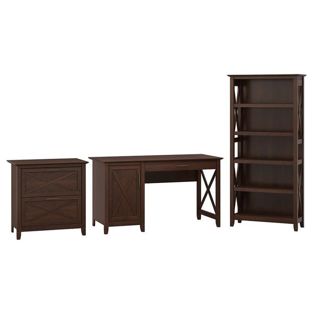 Bush Home Key West 54W Computer Desk with 2 Drawer Lateral File Cabinet and 5 Shelf Bookcase in Bing Cherry