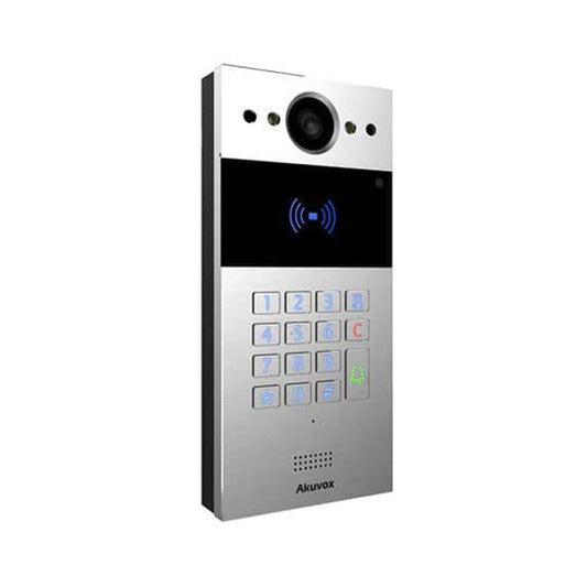 Akuvox R20K-SIL Intercom Video Door Phone with Keypad, Silver, 2MP 3.2mm WDR Cam, RF Card Reader, Wiegand, Mic/Speaker, Two-Way Audio, IP65, PoE, 12VDC/1.2A in, 12VDC/0.5A Out