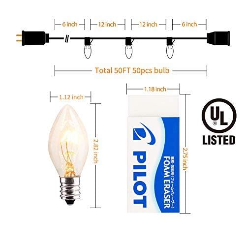 Minetom C9 String Lights, 50FT 50 Bulbs, Clear Bulb Black Wire, Model GYPI-O507BU, Long Life Outdoor Christmas Lights