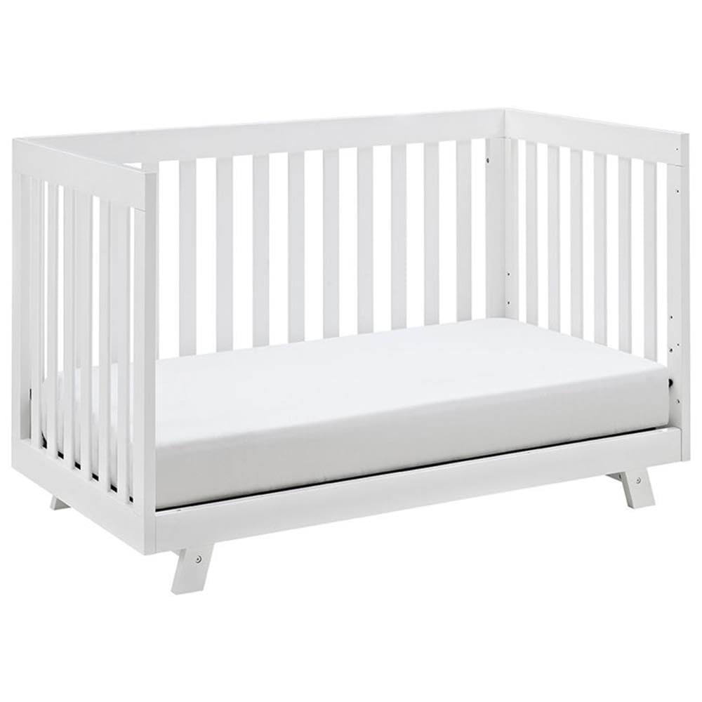 Pemberly Row 3-in-1 Convertible Crib, Pine Wood, Adjustable Base, White Finish, 34" H x 53.7" W x 29.5" D, Mid-Century Modern Design, Toddler Bed and Daybed Option, JPMA Certified Nursery Furniture