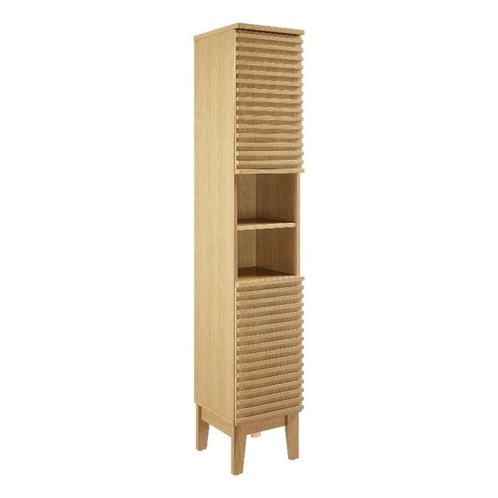 Modway Render Tall Narrow Bathroom Storage Tower in Oak - 63” Freestanding Linen Cabinet with Open Shelves and 2 Soft-Close Doors - Slim Towel and Makeup Organizer