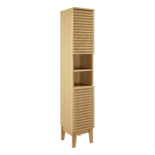 Modway Render Tall Narrow Bathroom Storage Tower in Oak - 63” Freestanding Linen Cabinet with Open Shelves and 2 Soft-Close Doors - Slim Towel and Makeup Organizer