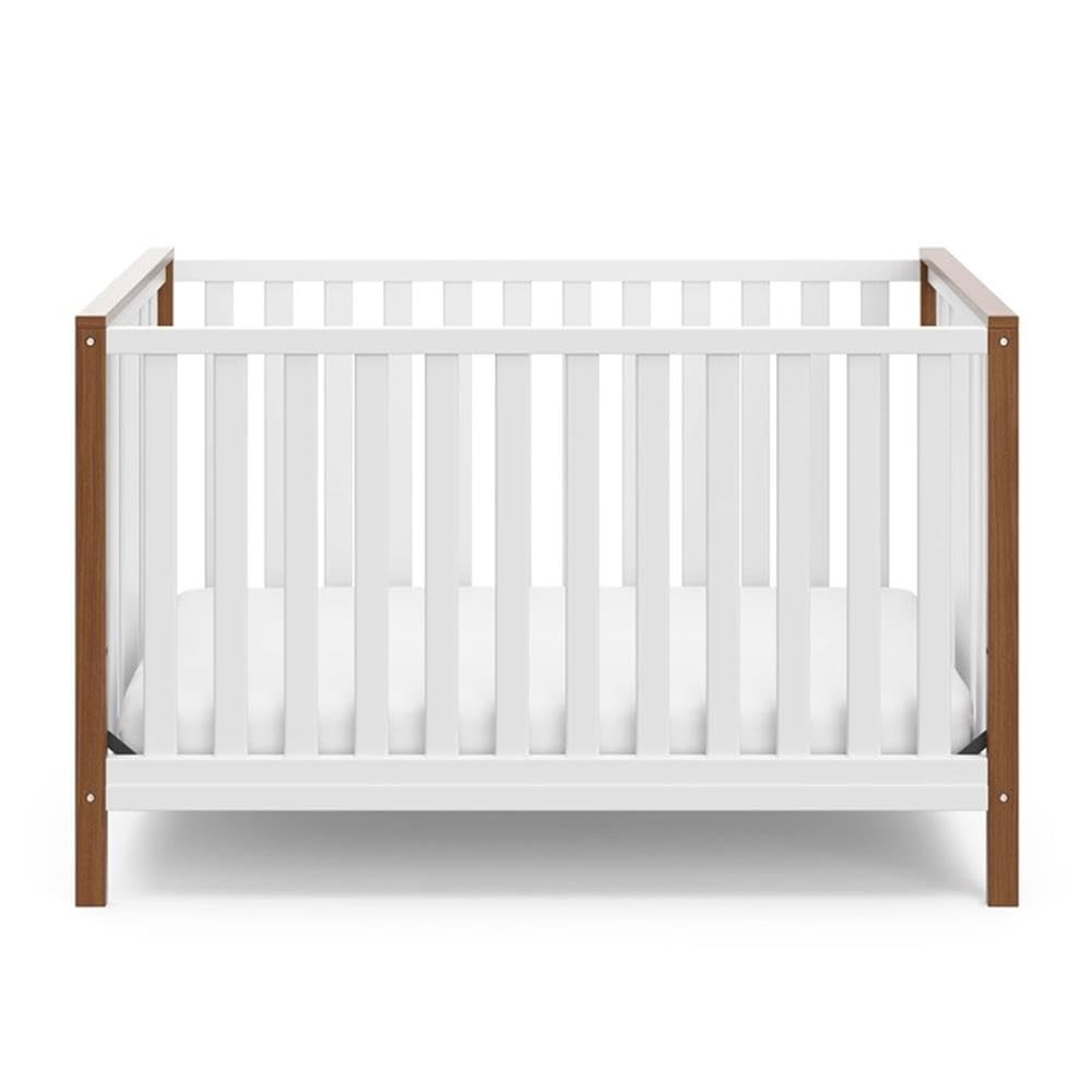 Pemberly Row Wood 4-in-1 Convertible Crib, 54.57 in Wide, Adjustable Mattress Base, White/Driftwood Two-Tone Finish, JPMA Certified Nursery Bed, Converts to Toddler Bed, Daybed, Full-Size Bed