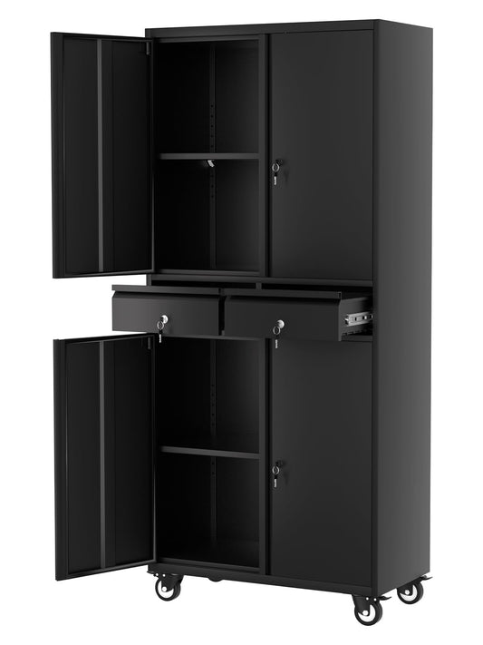 GarveeHome 72" Metal Storage Cabinet with Wheels, Locking Doors & 2 Drawers,Heavy Duty Rolling Garage Organizer with 2 Adjustable Shelves (with Wheels, with 2 Draws)
