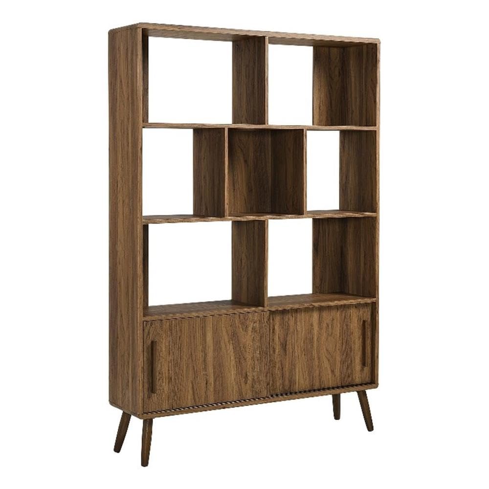 Modway Transmit 8 Shelf Bookcase with Sliding Doors in Walnut - 45 Inch Wood Mid-Century Modern Bookshelf - 4 Tier Tall Open Display Storage Cabinet for Living Room, Office, Hallway