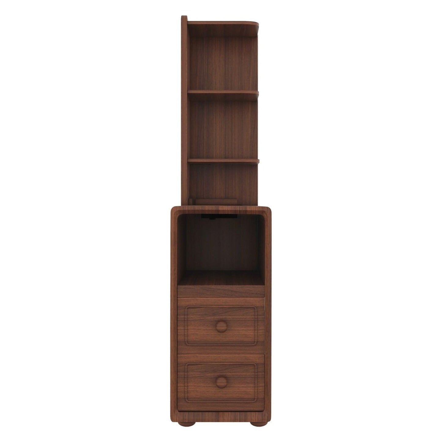 FRITHJILL Narrow End Table, Corner Bookshelf for Living Room, Nightstand with Charging Station and 3-Tier Display Shelf, 2 Drawers Storage Cabinet, Space Saving Side Table