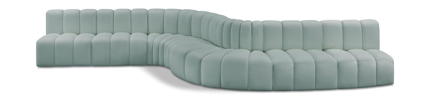 Meridian Furniture 101Mint-S8C Arc Collection Modern | Contemporary Modular Sofa with Soft Mint Green Vegan Leather, Deep Channel Tufting, Modular, 197" W x 84" D x 30" H, Mint
