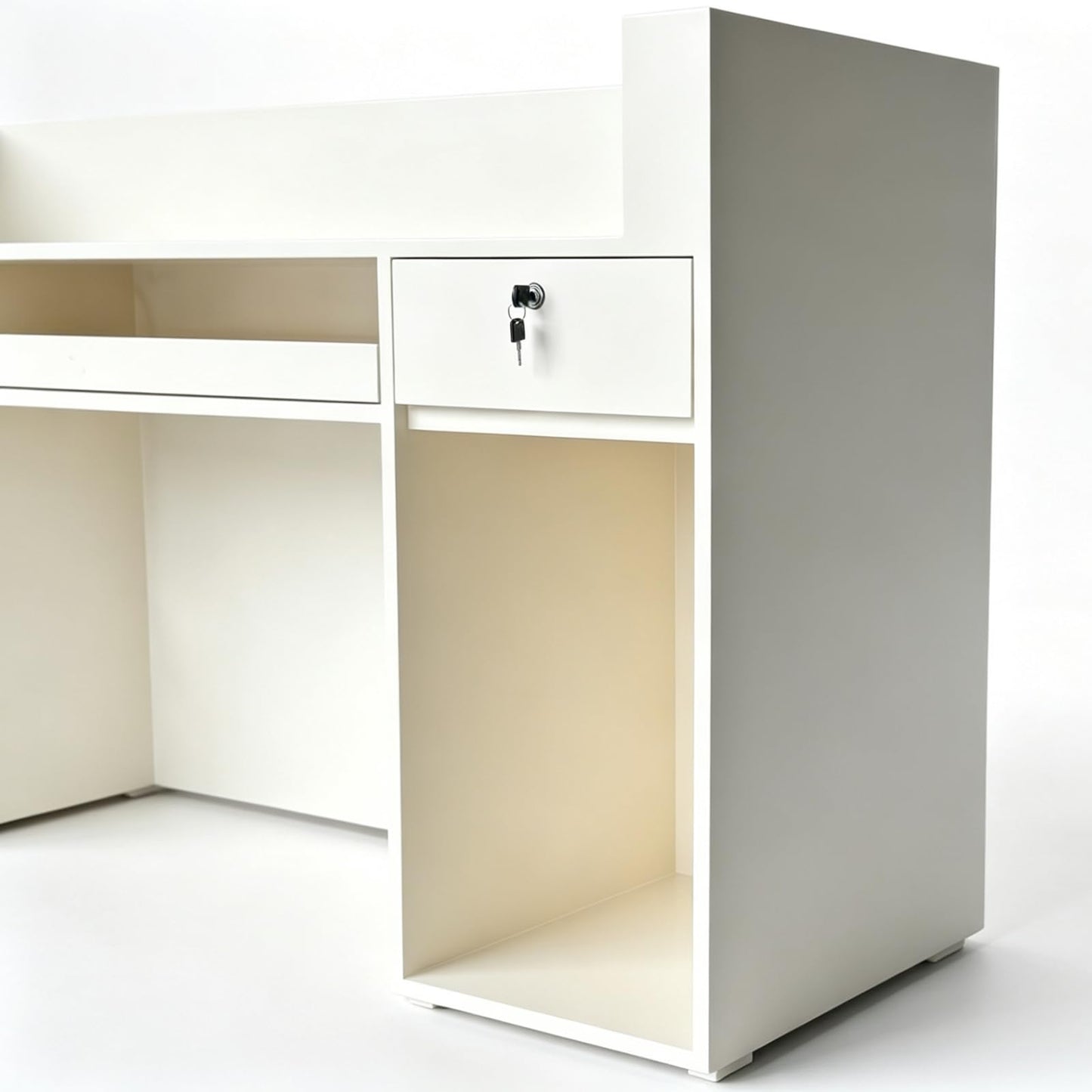 M2 Retail Reception Desk, No Assembly Required with Drawer & Storage Cabinet, Cable Management & LED Light, Modern Design for Office, Salon, SPA, Lobby (Beige+Wood, 1800 * 600 * 1000/71 * 24 * 39")