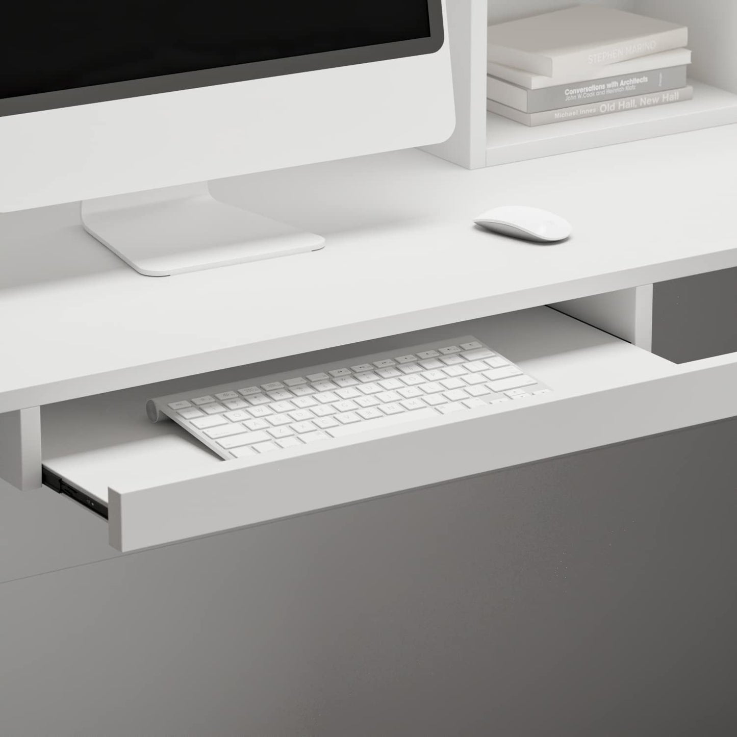 AIEGLE Reception Desk with Counter Drawers & Storage Shelves, L-Shaped Reception Counter Table for Salon Reception Room Checkout Office, White (55.9" L x 32.3" W x 48.4" H)