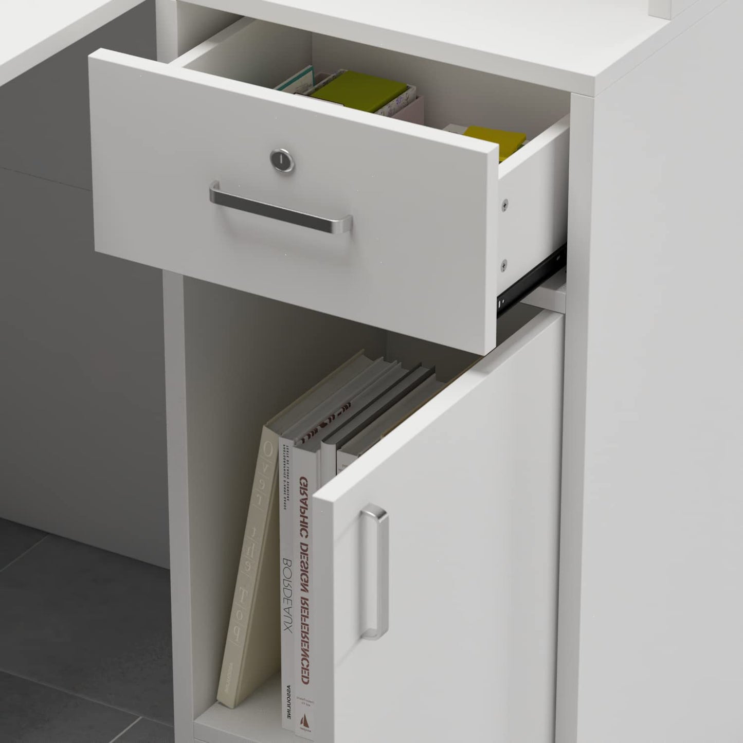 AIEGLE Reception Desk with Counter Drawers & Storage Shelves, L-Shaped Reception Counter Table for Salon Reception Room Checkout Office, White (55.9" L x 32.3" W x 48.4" H)
