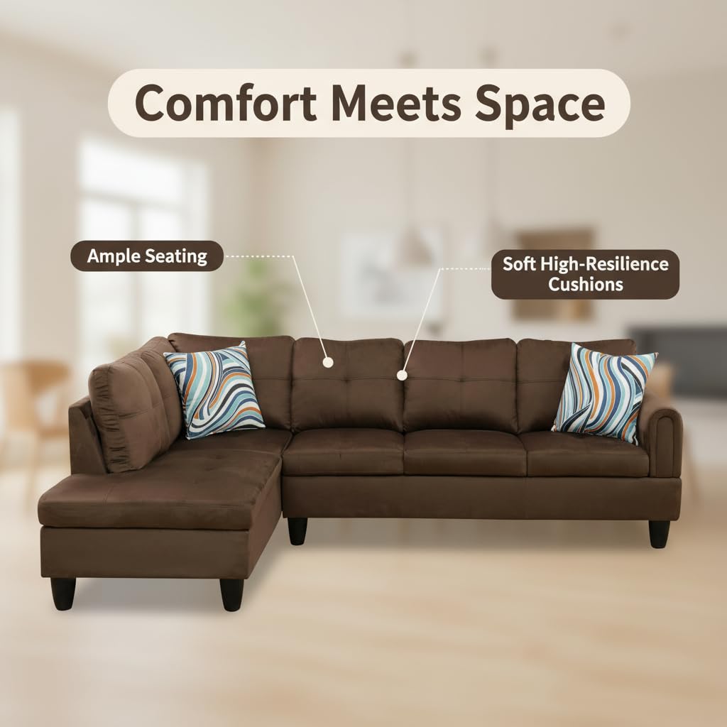 Trygoal Modern L-Shaped Sectional Sofa with Chaise Lounge, 4-Seater Flannel Couch with High-Density Foam Cushions, for Living Room, Apartment, Studio, Easy Assembly, Chocolate