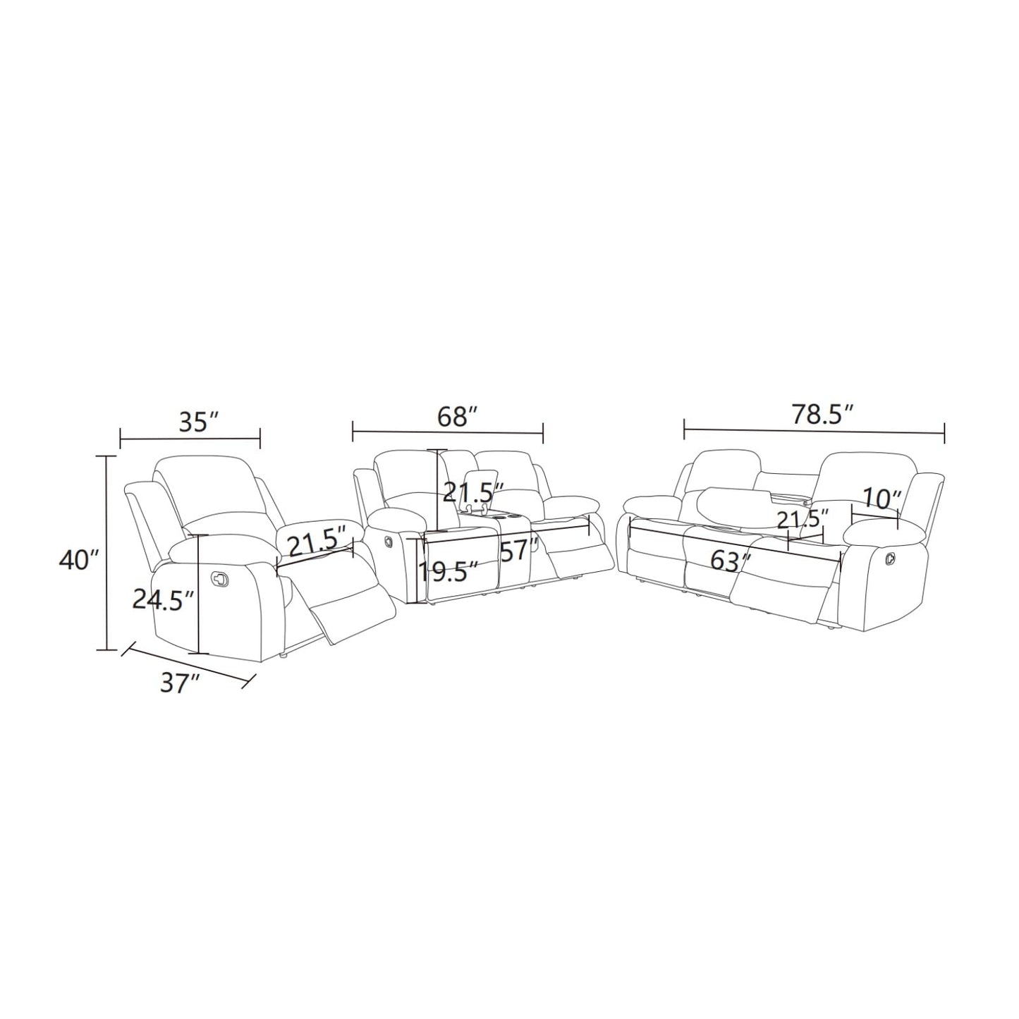 Trygoal Modern Recliner Sofa Set of 3, Semi PU And PVC Living Room Set with 120° Deep Recline & Sleeping Position, Cozy Motion Couch with Loveseat Storage & Cup Holders, Retro Vintage Furniture, Black