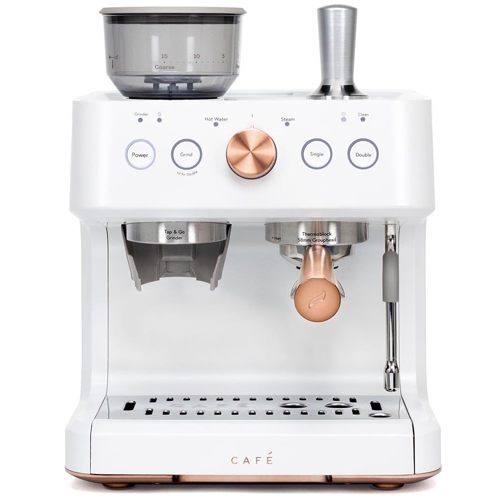 Café Bellissimo Semi Automatic Espresso Machine with Grinder & Milk Frother | Copper Accents | WiFi App Control | Large 95oz Tank | Matte White