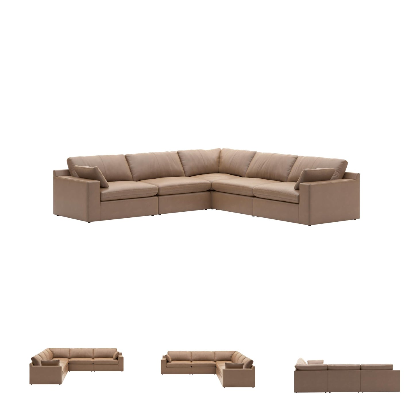 Signature Design by Ashley Emilia Modern Modular Leather Match 5-Piece Sectional with Loose Back Cushions and 2 Bolster Pillows, Light Brown