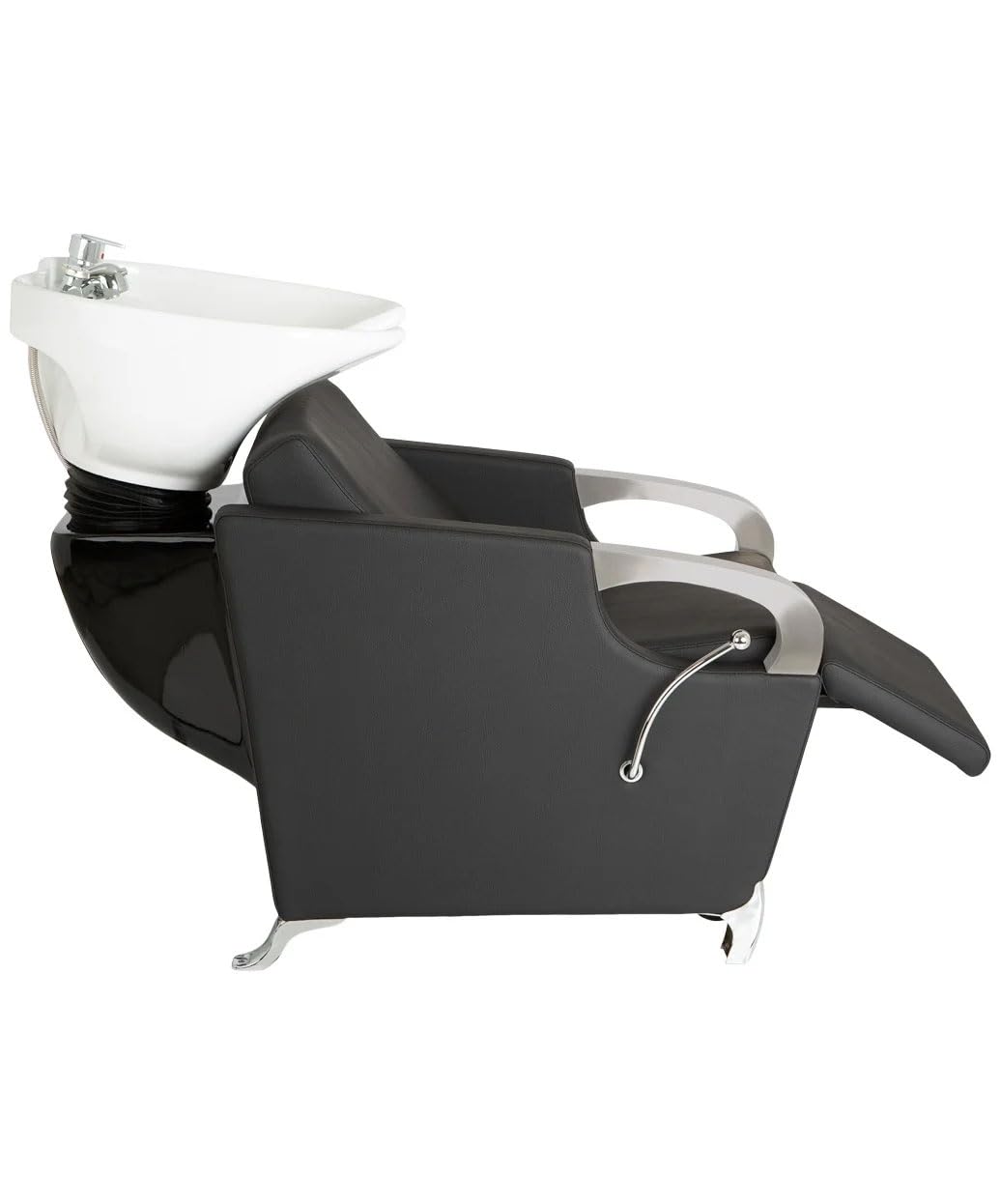 Buy-Rite Luna Shampoo Backwash Station: white porcelain tilting bowl, extra-wide black vinyl chair, chrome armrests, lever leg rest, single-handle faucet with vacuum breaker - professional salon gear.