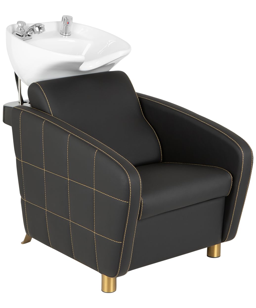 Buy-Rite Zara Shampoo Backwash Unit with Gold Stitching for Professional Salons, Tilting Porcelain Bowl, Extra Lumbar Support, Wide Seat for Comfort, Modern European Design, YLG-192-BW-GOLD-WHITEBOWL