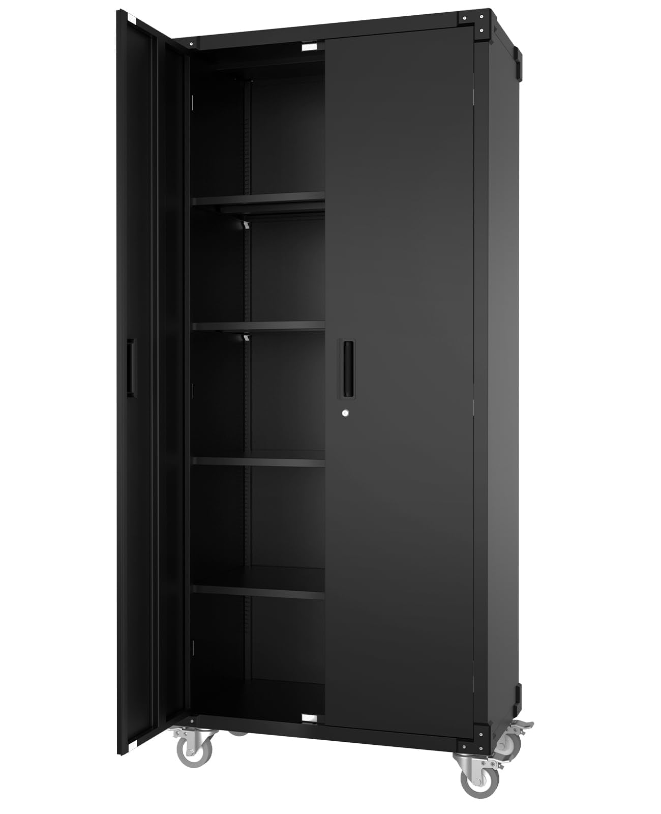 MilleLoom 71" Tall Locking Metal Storage Cabinet on Wheels, Tall 2 Door Tool Cabinet, 4 Adjustable Shelves, Storage Cabinet for Pantry, Garage Home Office Utility Room Storage, Black