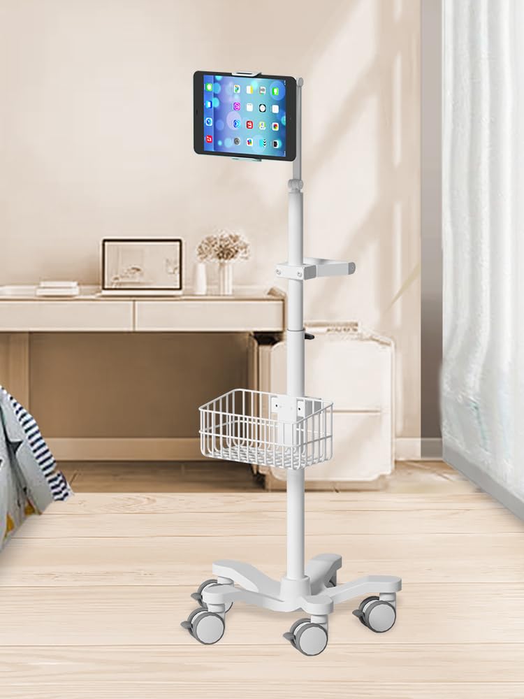Medical Mobile Tablet Trolley, Height Adjustable with Storage Basket & Swivel Arm, Compatible with iPad & Intraoral Scanners
