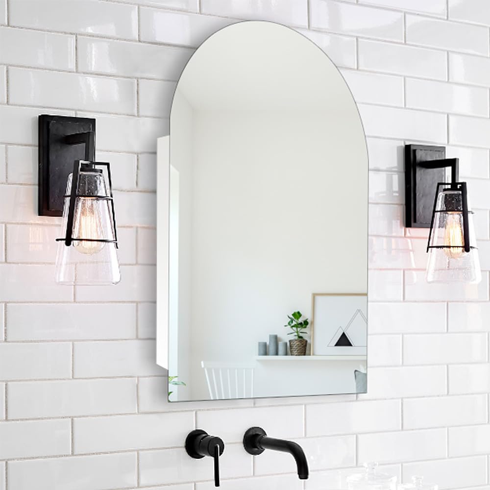 HESONTH Arched Medicine Cabinet with Mirror, 20x30 Inch, Wall Cabinet with Frameless Mirror, Recessed Or Surface Mount for Bathroom Bedroom with Storage, Bathroom Medicine Cabinet
