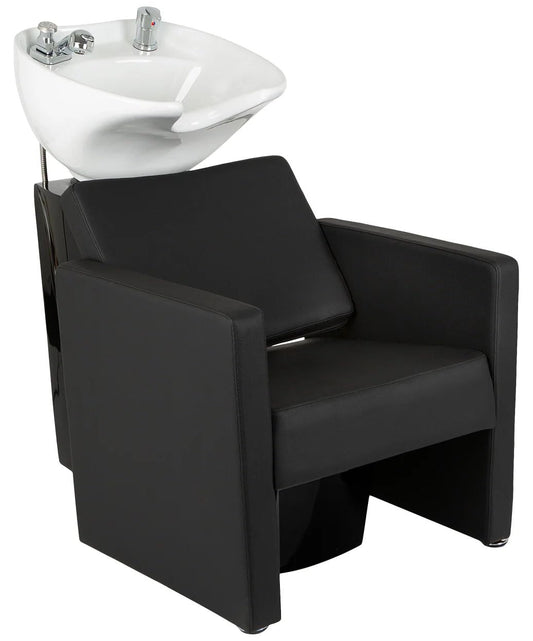 Buy-Rite Christina Shampoo Backwash Unit with Deep Tilting Porcelain Bowl, Dual Nozzle, Extra Wide Foam Seat, Built-in Vacuum Breaker, Steel Frame, Modern European Design, YLG-558-WHT (White Sink)
