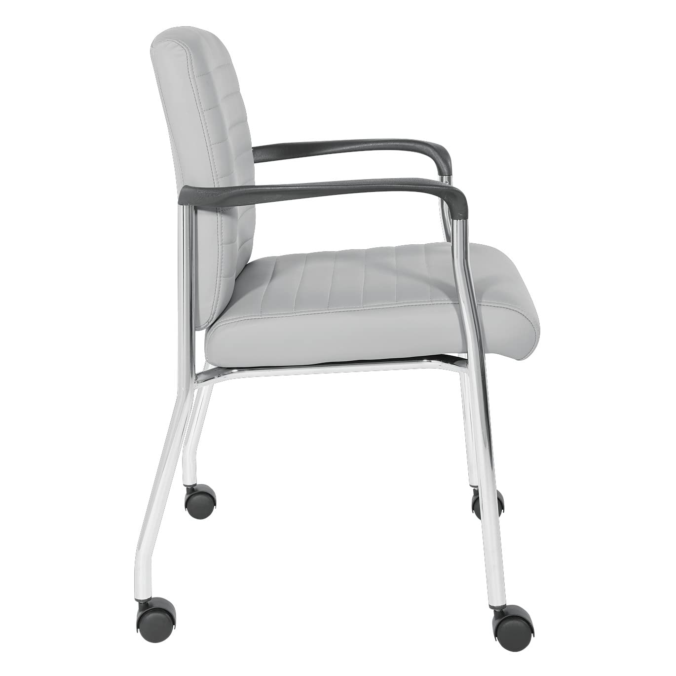 Office Star FL Series Faux Leather Padded Guest Chair with Built-in Lumbar Support and Casters, Charcoal Grey with Chrome Frame