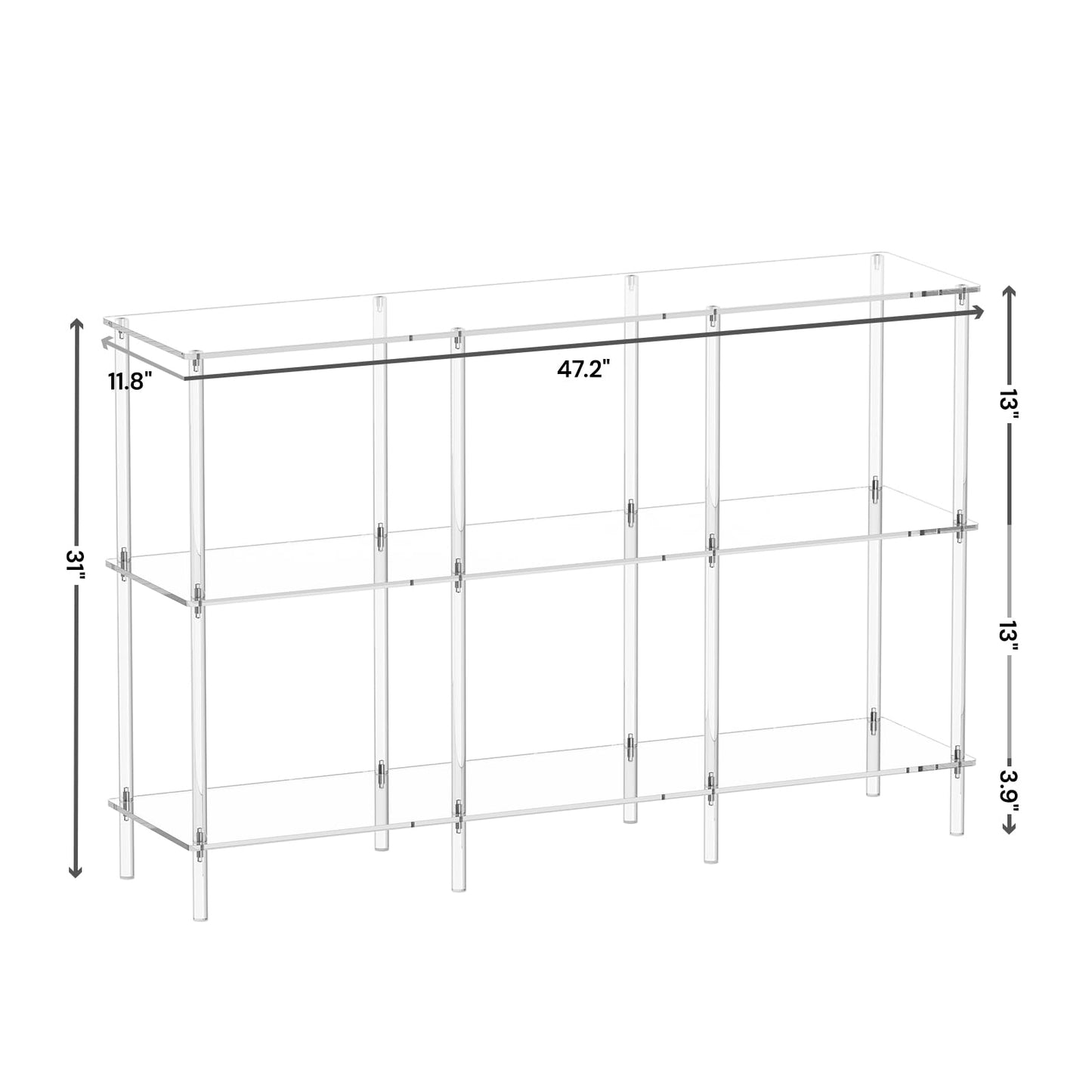CRTERICX Acrylic Horizontal Bookshelf, 11.8" D x 47.2" W x 31" H, 3-Tier Clear Low Book Shelf with Large Storage, Multipurpose Bookcase for Living Room, Bathroom, Office, Easy Assembly