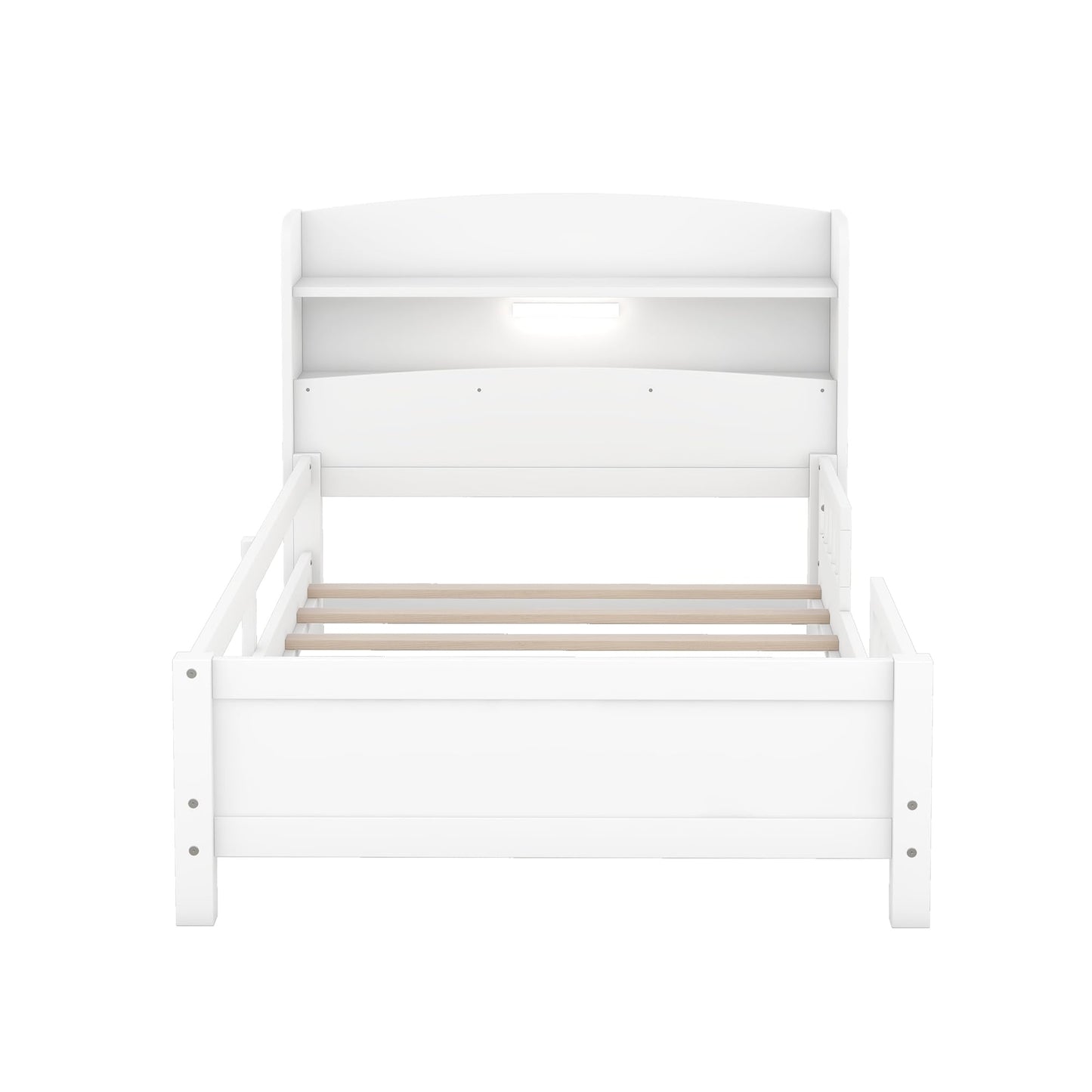 Merax Twin Bed Frame, Solid Wood Twin Size Platform Bed with Storage Headboard, Built-in Light and Safety Guardrail, Montessori Inspired Bed, No Box Spring Needed, White