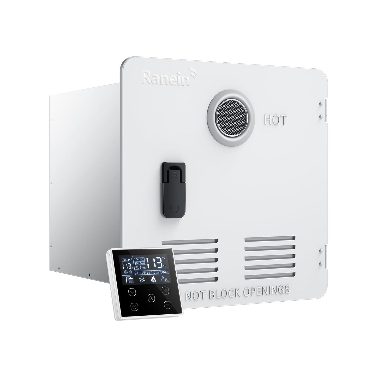 Ranein On-Demand RV Tankless Water Heater, with 15×15 White Door & Remote Controller, High Altitude Ready, CSA Approved, Optimized for Summer Comfort Performance, Ideal for Moderate Use