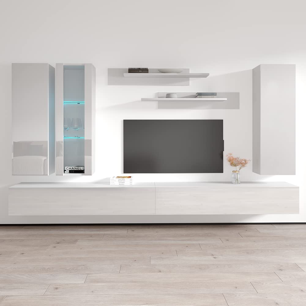Meble Furniture Fly E1 30TV Stand Wall-Mounted Entertainment Center — Floating Design with Storage Shelves and LED Lighting — Modern High Gloss, 59.1 x 14.2 x 15.7 inches — White