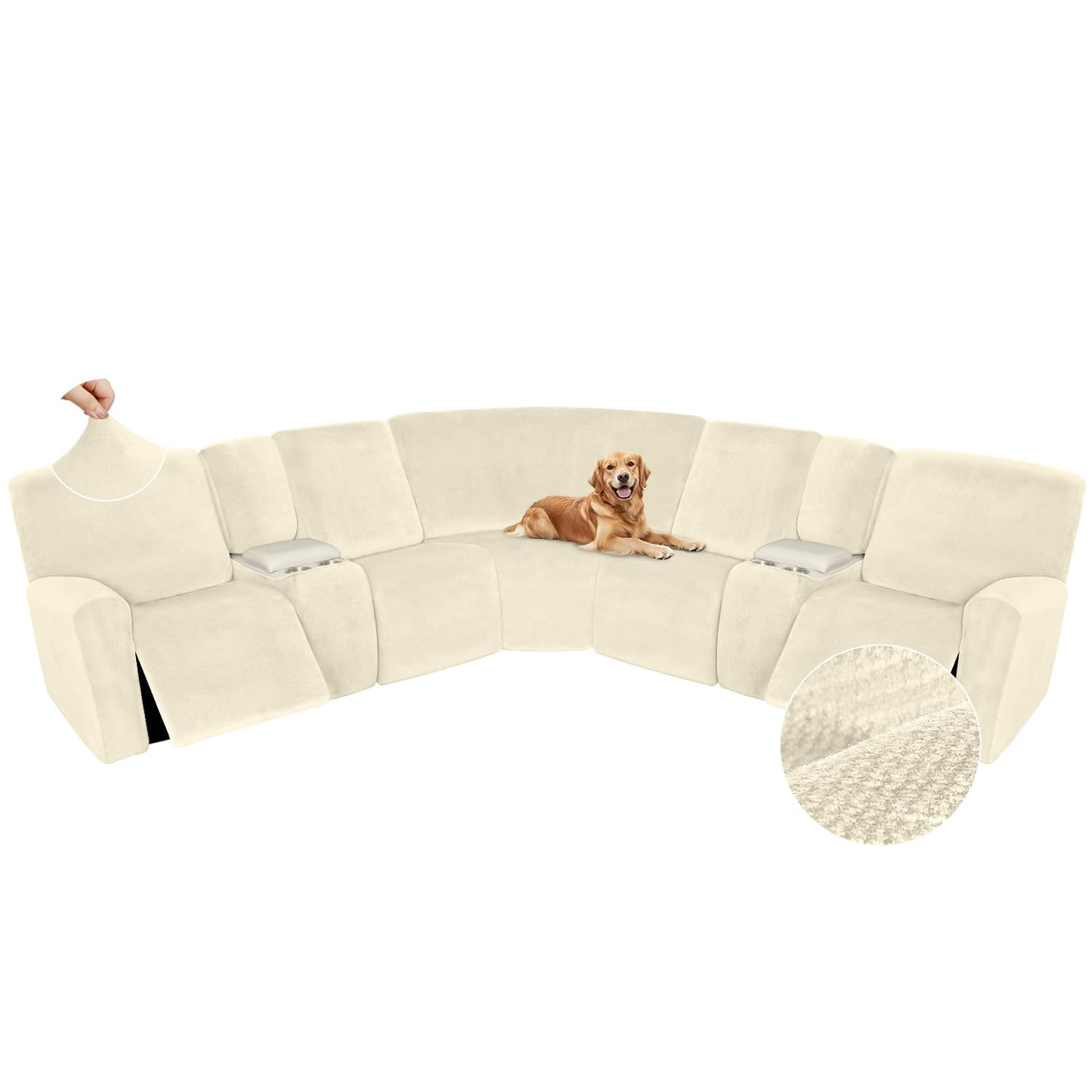 Arfntevss Sectional Recliner Couch Covers Velvet Washable Corner Sectional Sofa Cover for Reclining Couch Stretch Soft Thick L Shape Recliner Slipcover Set (5 Seat with 2 Console Cover, Beige)