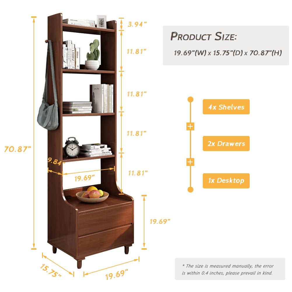 IOTXY Walnut Bedside Table Bookshelf - 71" Tall Free Standing Wooden Open Shelf Bookcase with Drawers and 4-Shelves for Bedroom, Bed Side End Table, Nightstand