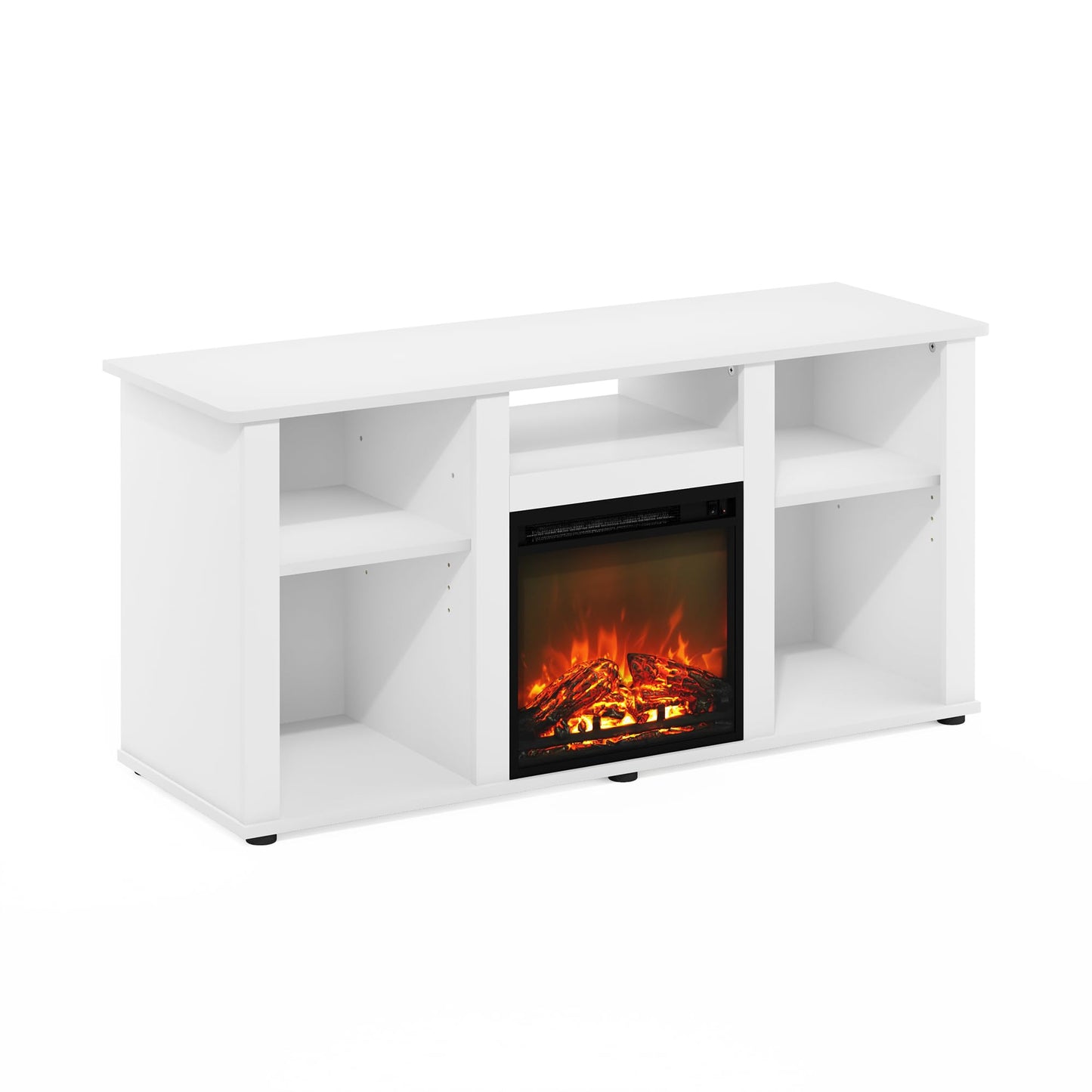 Furinno Jensen Fireplace TV Stand for TV up to 55 Inch, White Entertainment Center, TV Console with Fireplace and Open Storage, for Living Room, Bedroom, Plain White