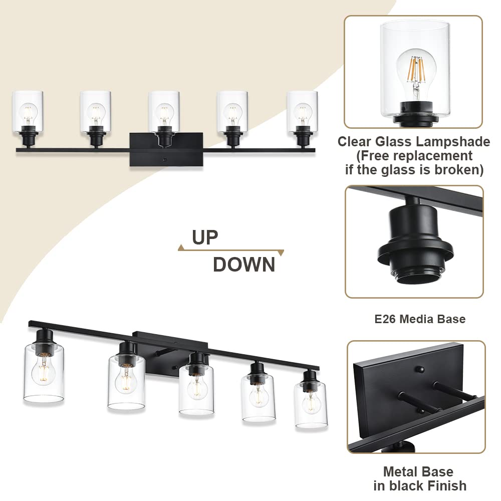 5-Light Modern Bathroom Lighting Fixtures, 40" Matte Black Bathroom Vanity Lights with Clear Glass Shade, Anti-Rust Farmhouse Wall Sconces for Bedroom Cabinet Kitchen E26 Socket (Bulbs Not Included)