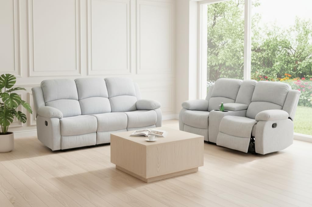 Trygoal Manual Recliner Sofa Set, Linen Reclining Living Room Furniture Set, Adjustable Backrest Reclining Loveseat Sofa and a 3 Seater Couch Furniture Set for Living Room, Home Theater, White Grey