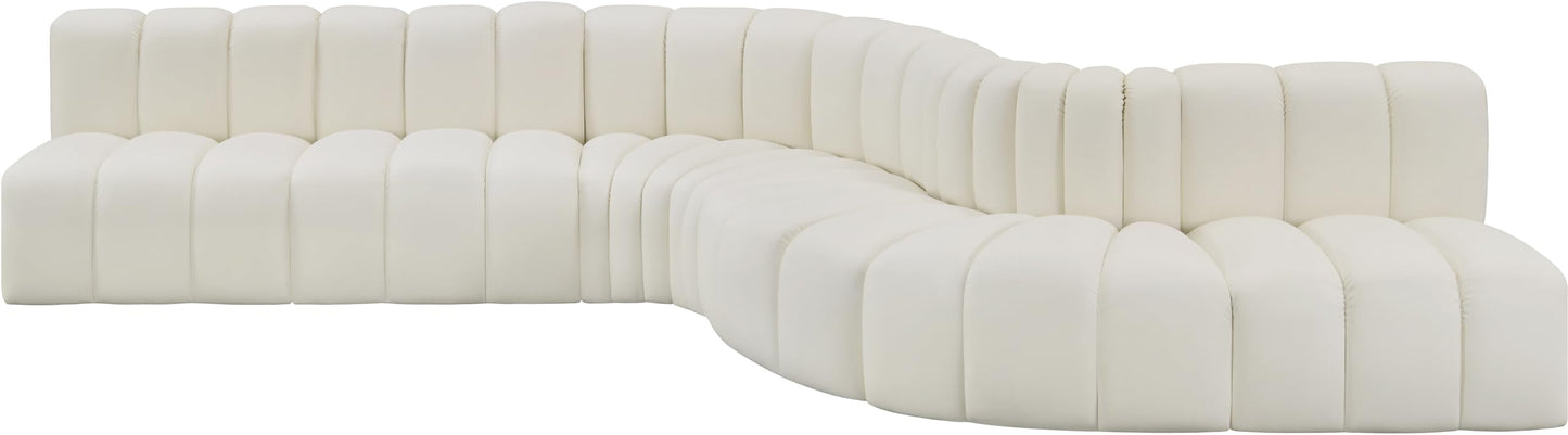Meridian Furniture 101Cream-S7C Arc Collection Modern | Contemporary Modular Sofa with Soft Cream Vegan Leather, Deep Channel Tufting, Modular Design, 170" W x 62" D x 30" H, Cream