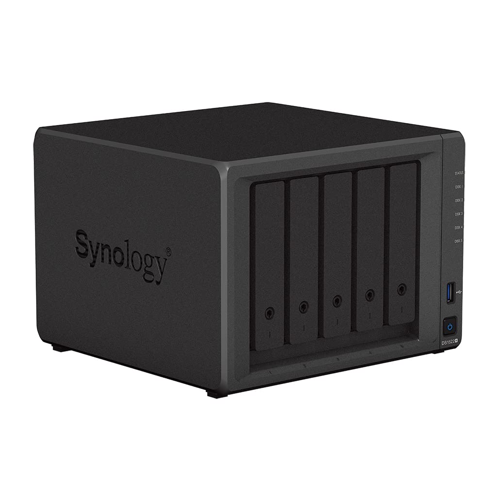 Synology DiskStation DS1522+ NAS Server Bundle with Ryzen 2.6 GHz CPU, 32GB Memory, 100TB HDD Storage, 1TB M.2 NVMe SSD, 4 x 1GbE LAN Ports, DSM Operating System