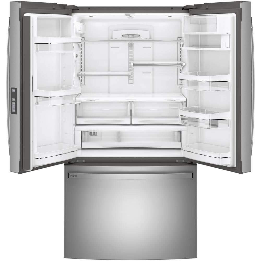 GE Profile 36 Counter Depth French Door Refrigerator with 23.1 cu. ft. Capacity Internal Water Dispenser TwinChill Evaporator and Showcase LED Lighting in Fingerprint Resistant